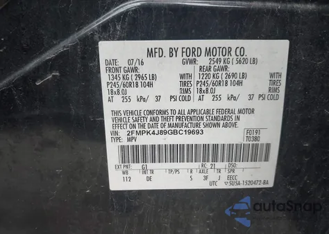 2016 Ford Edge Sel z USA, uszkodzony, nr VIN 2FMPK4J89GBC19693